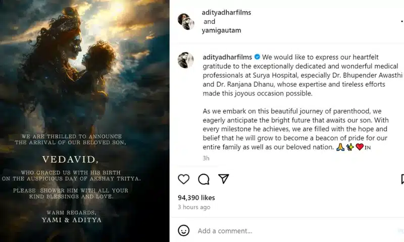 Actress Yami Gautam and filmmaker Aditya Dhar announced the arrival of their "beloved son" Vedavid on May 10 in a joint Instagram post, which was published a while back on May 20.